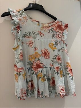 Altar'd State Light Blue Floral Ruffle Tank with Red and Yellow Blooms